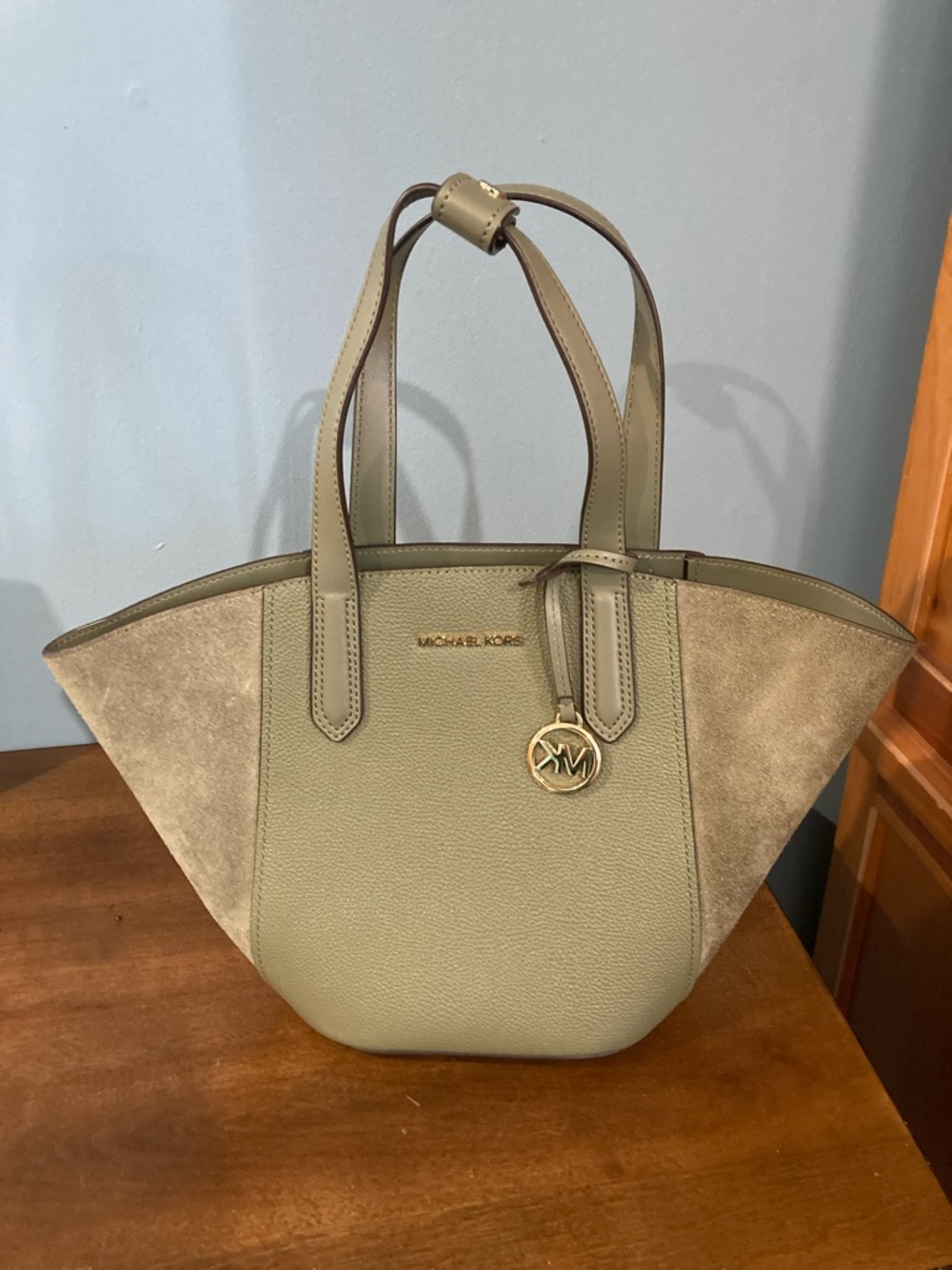 Michael Kors Olive Green Two-Texture Tote with Gold MK Charm